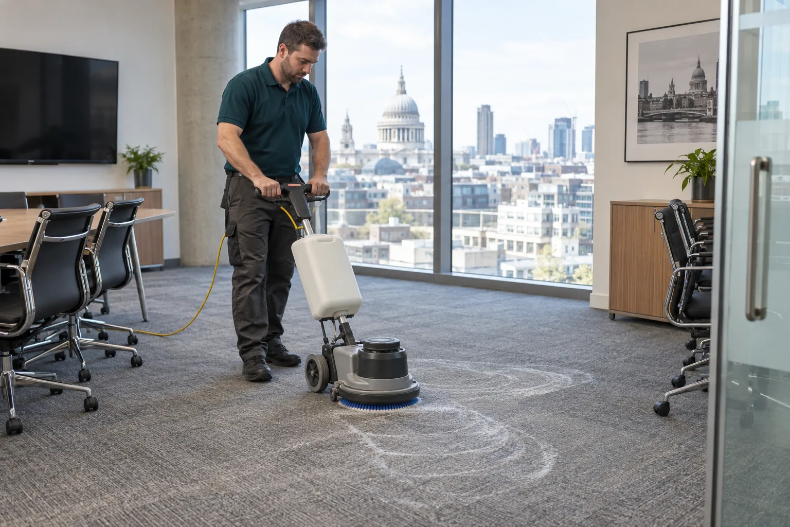 Cleaner using a brush machine on an office carpet.