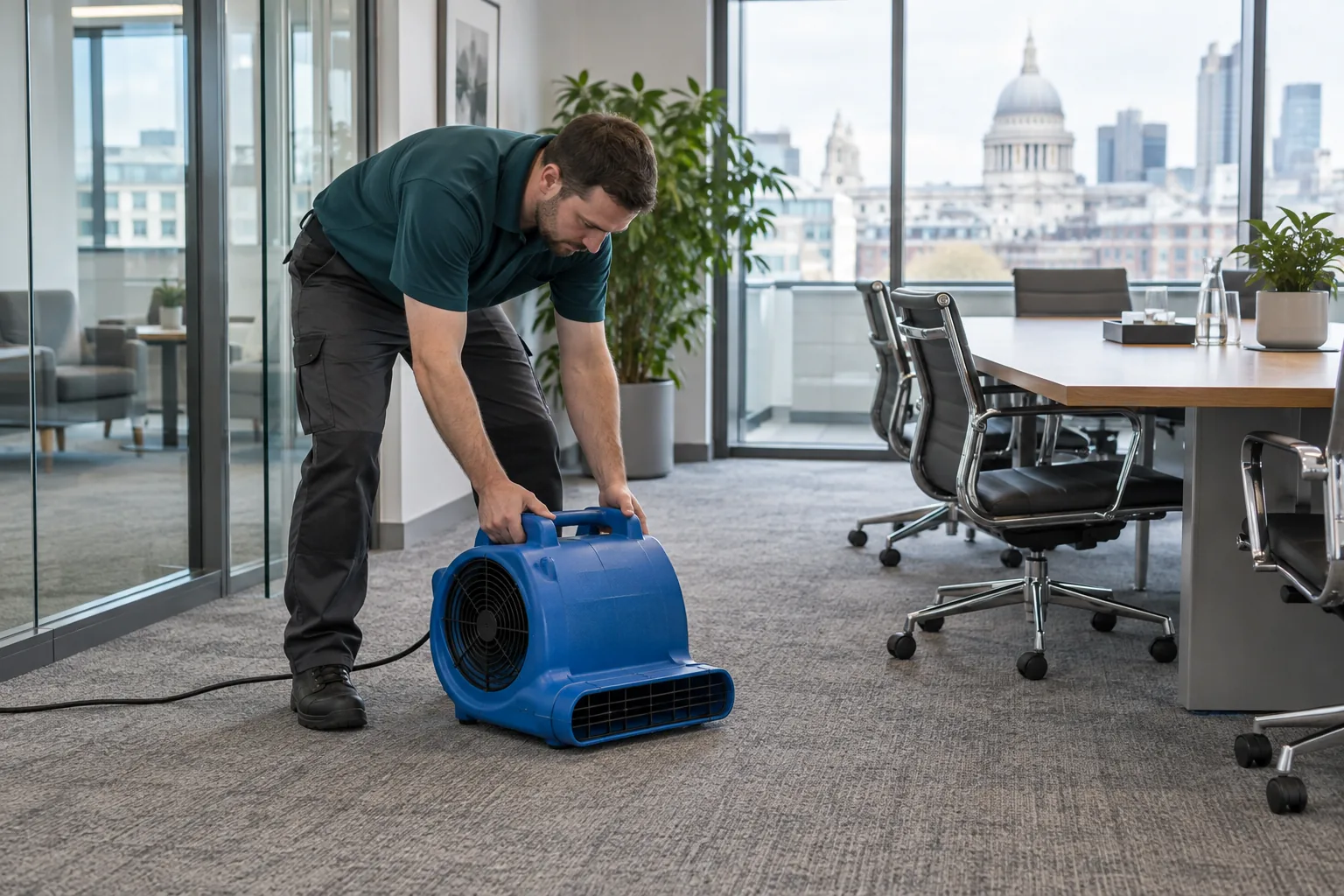 Floor drying equipment helping a commercial carpet dry.