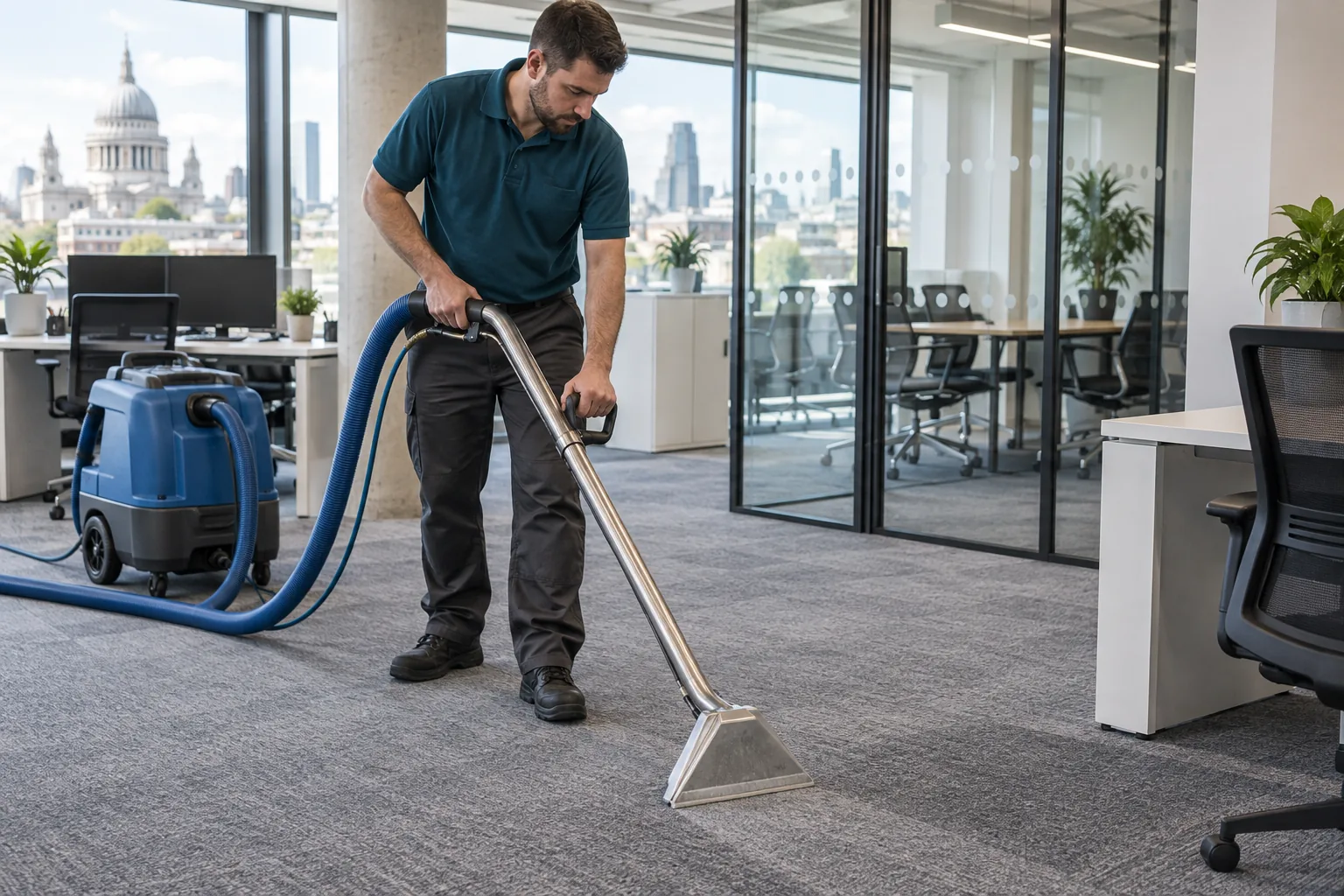 Commercial carpet cleaning with an extraction wand in an office.