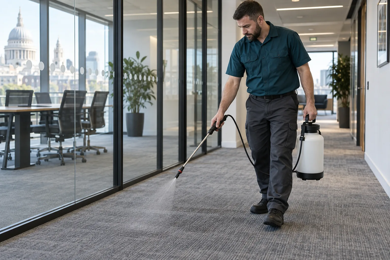 Pre-spray being applied to an office carpet.
