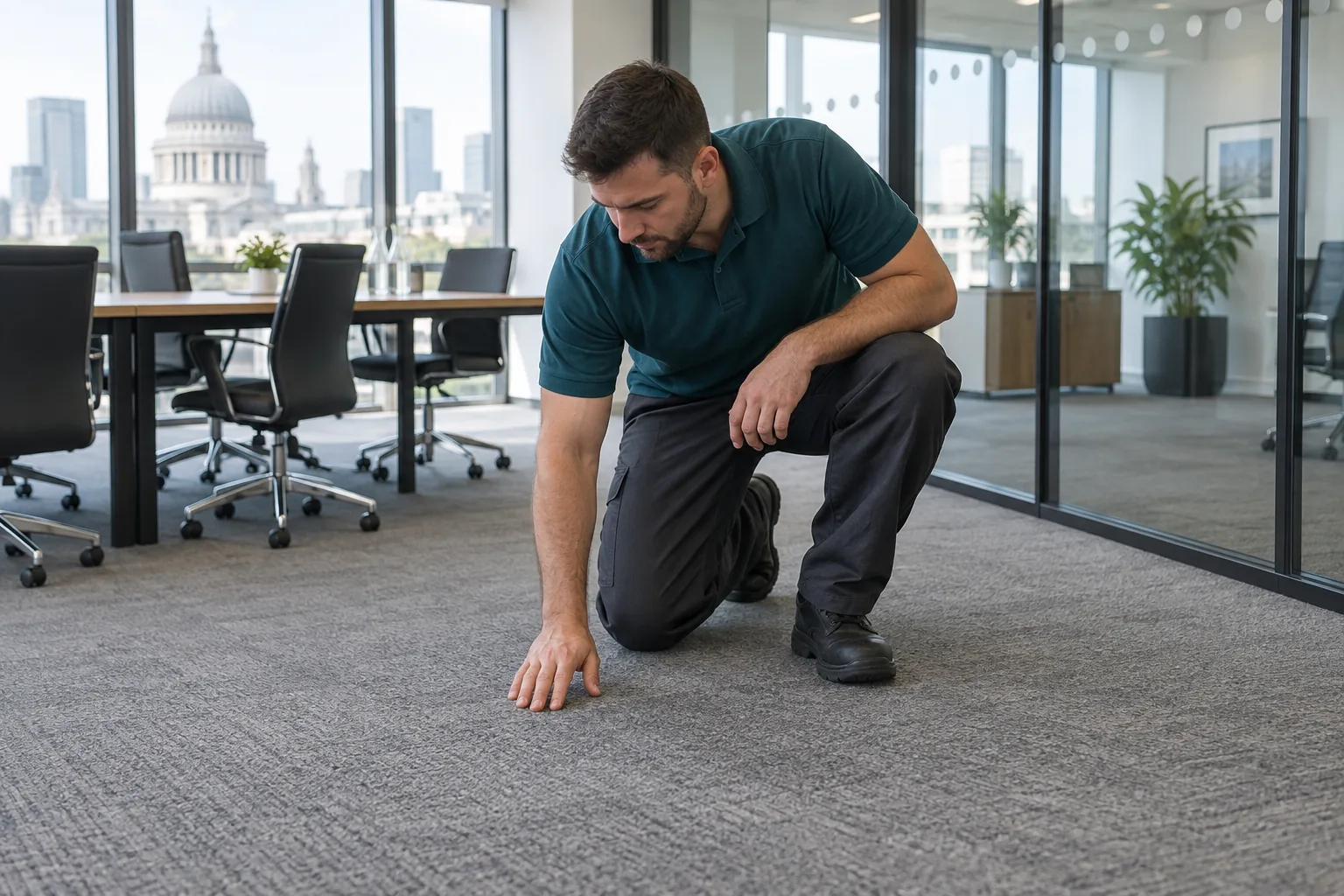 Cleaner inspecting carpet tiles in an office.