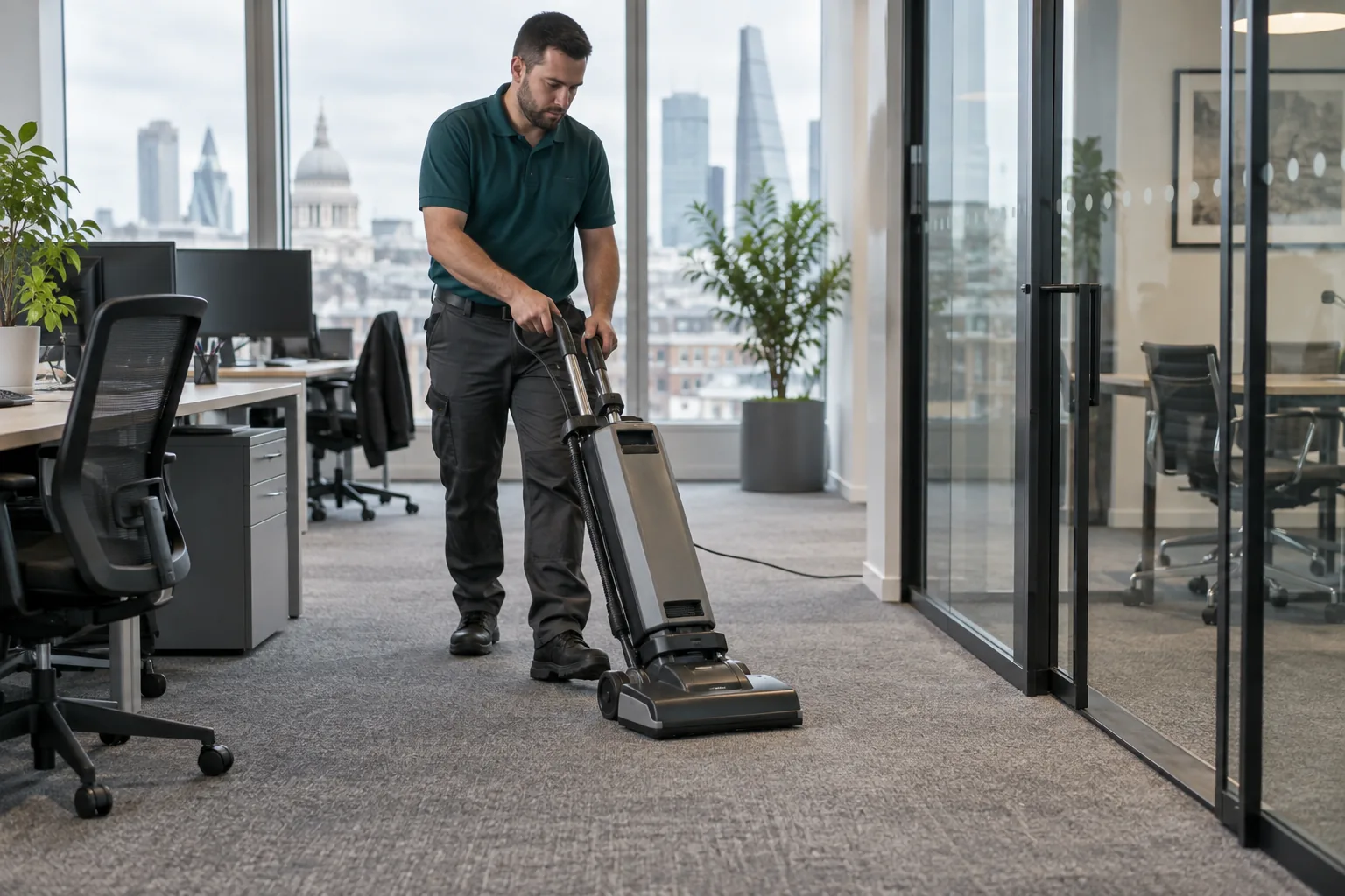 Cleaner vacuuming carpet tiles in an office.