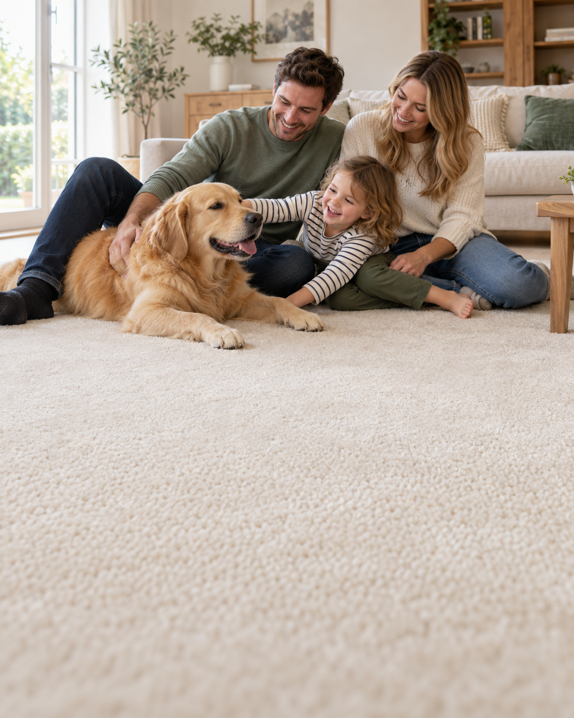 A happy family and their golden retriever relaxing together on a soft, clean cream carpet in a sunny living room.