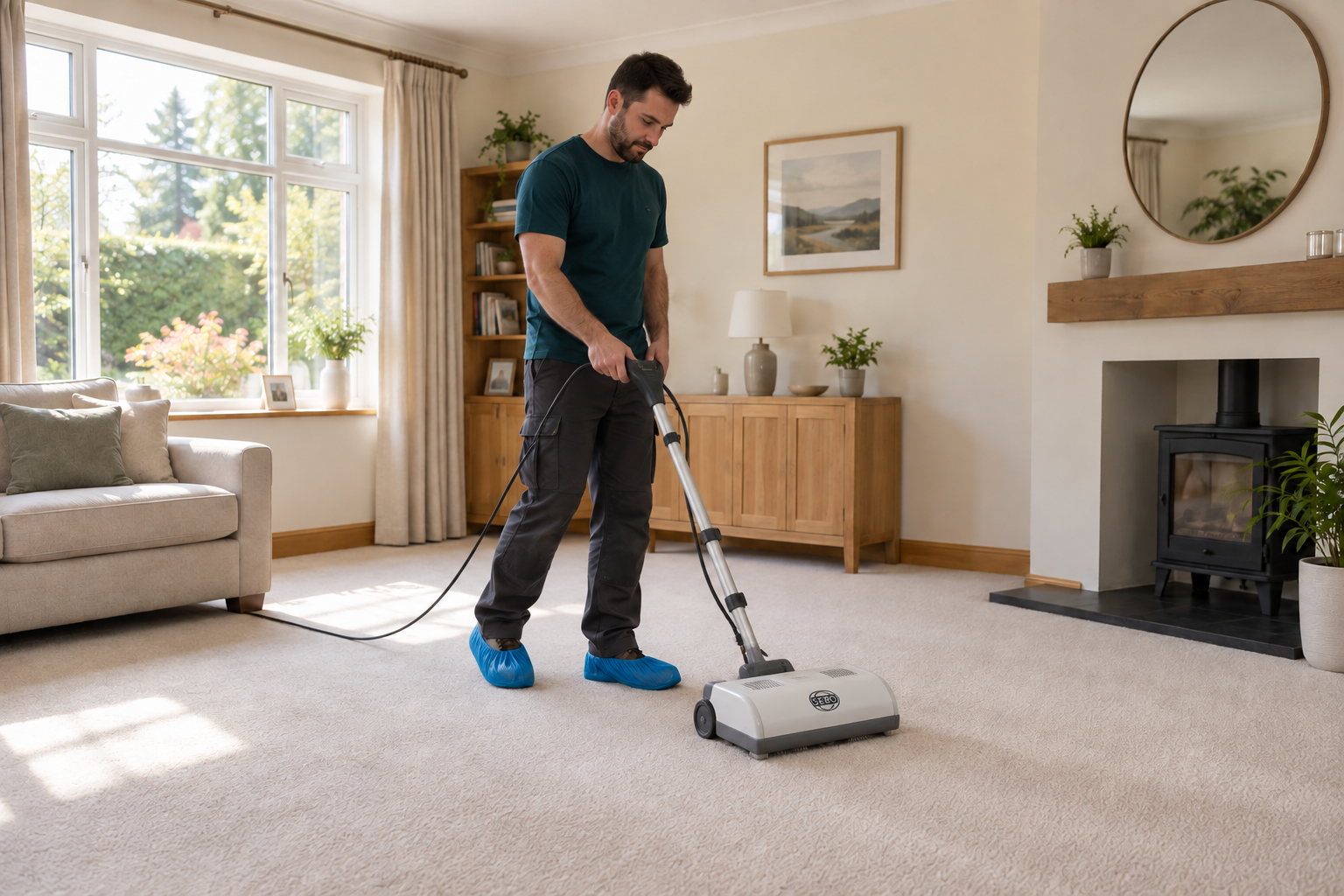 Cleaner using a compact SEBO Duo-style twin-brush machine on the carpet.