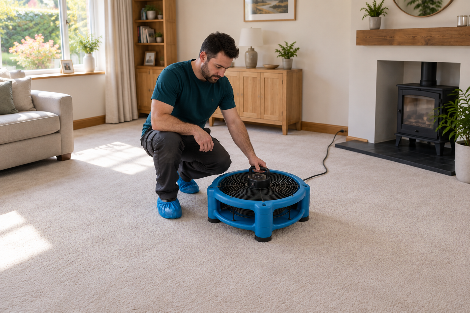 Cleaner positioning a round Dri-Pod-style floor dryer in the middle of the carpet.