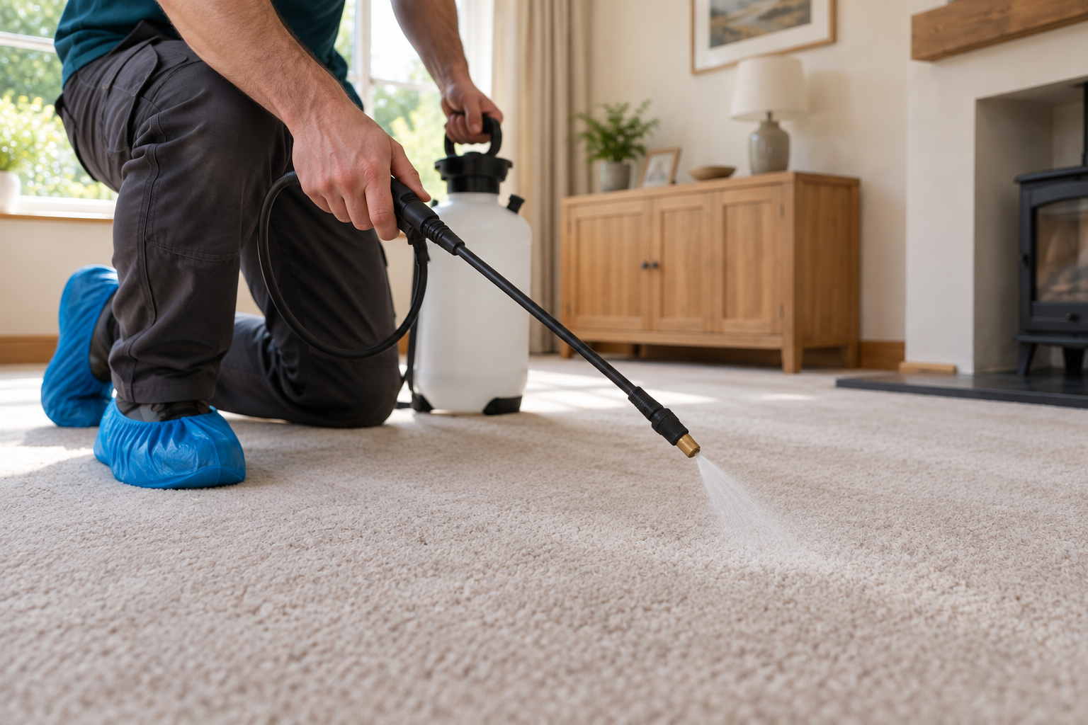 Close-up of pre-spray being applied to carpet fibres beside blue shoe covers.