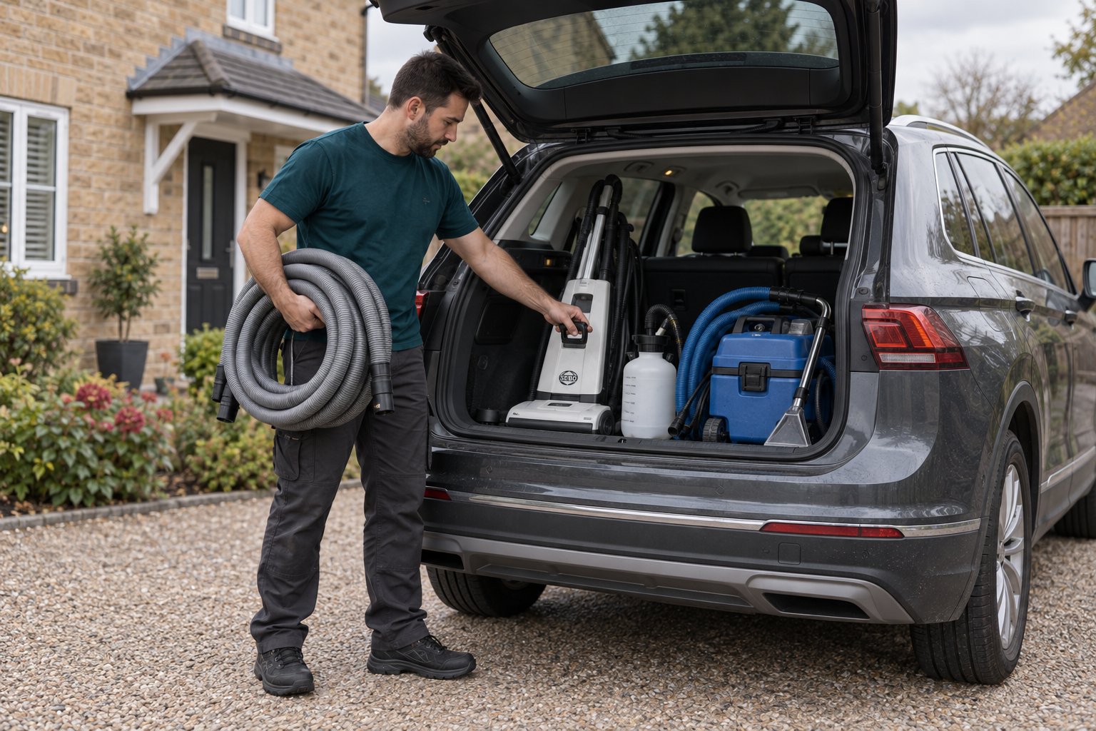 Cleaner unloading hoses and carpet-cleaning equipment from the open boot of a Volkswagen Tiguan.