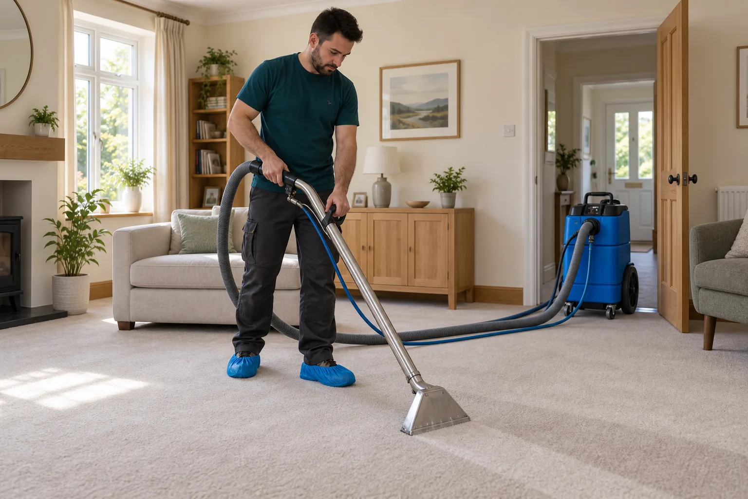 Cleaning professional extracting dirt from a living-room carpet in a home.